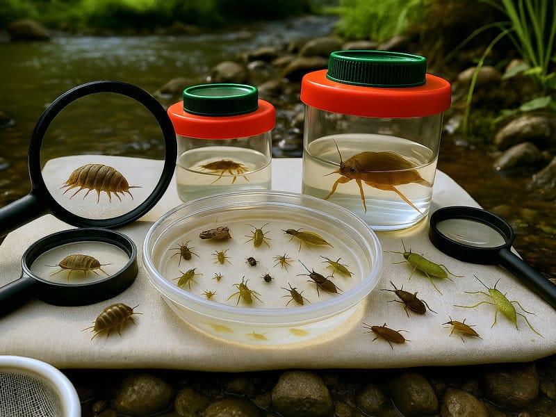 Insectes aquatiques observés avec loupes et boîtes transparentes sur un drap blanc