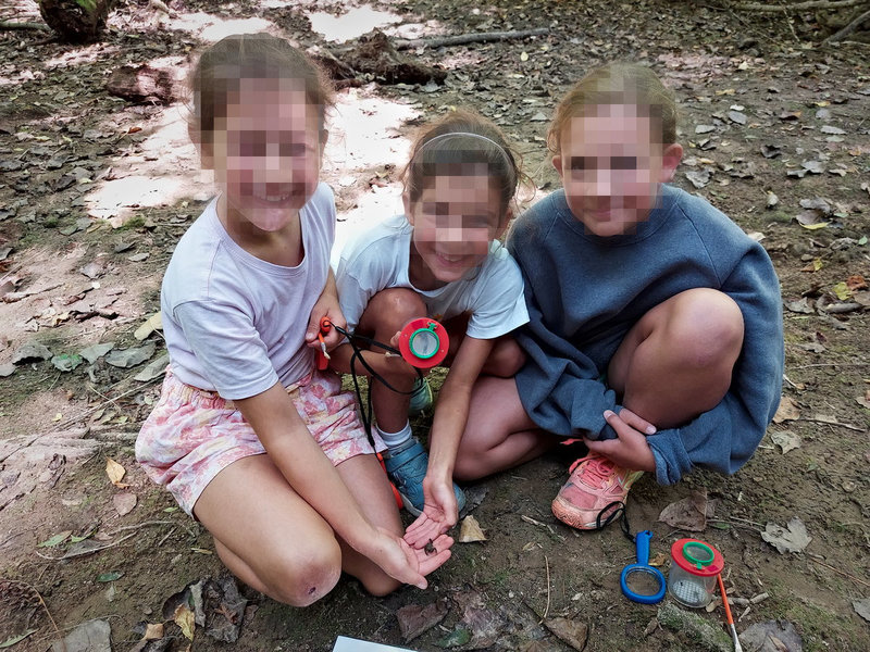 Enfants en pleine observation de la litière forestière avec loupes et boîtes loupe