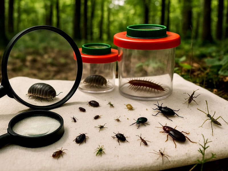 Observation d’insectes extraits du sol forestier sur un drap blanc
