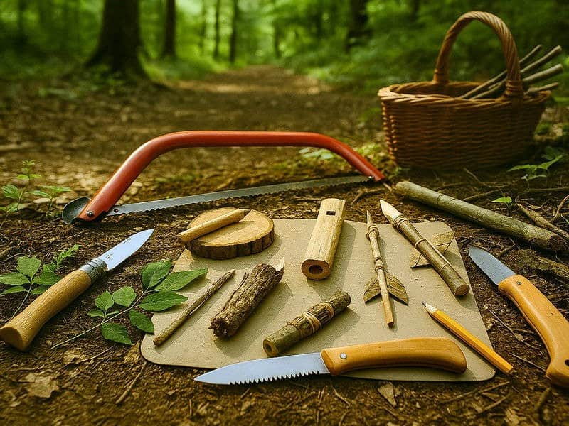 Vue d’ensemble des outils en forêt : scies, opinels et objets fabriqués posés sur le sol