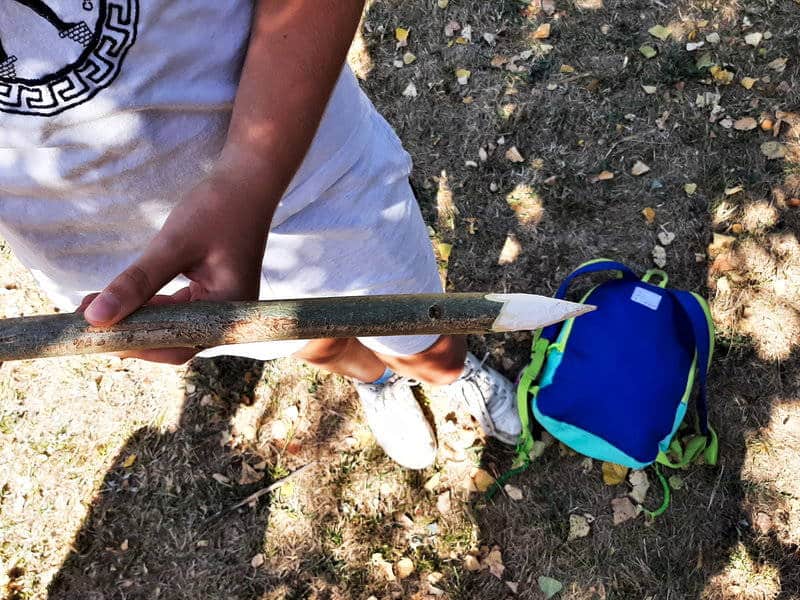 Enfant tenant un bâton taillé, concentré sur sa fabrication en forêt