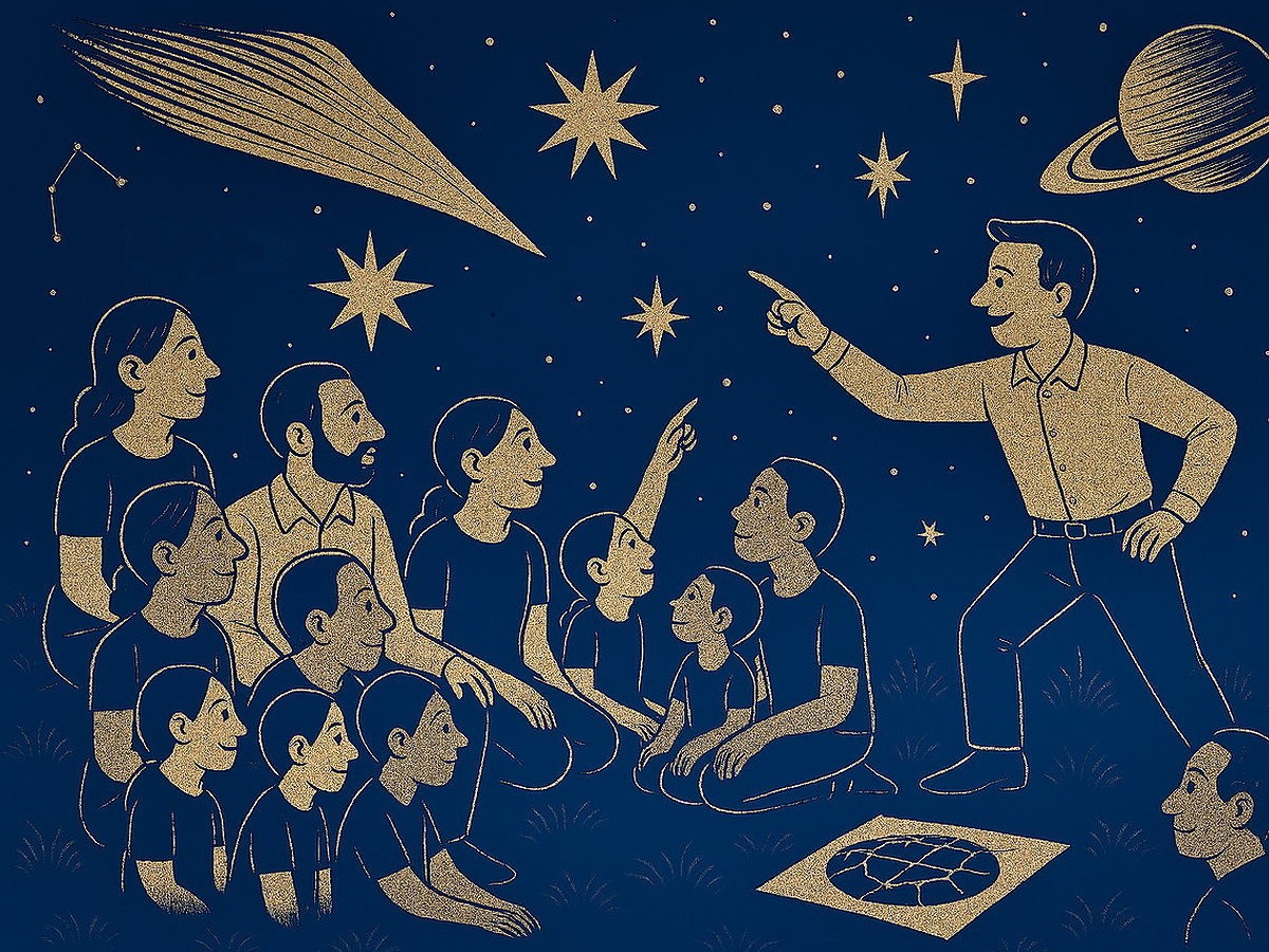 Groupe rassemblé dans l’herbe regardant le ciel étoilé avec un animateur