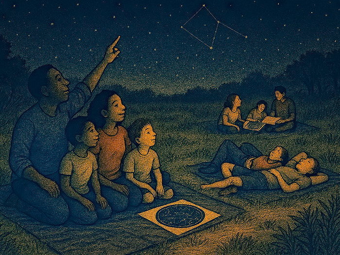 Enfants et adultes lisant les constellations avec des cartes célestes, assis dans l’herbe